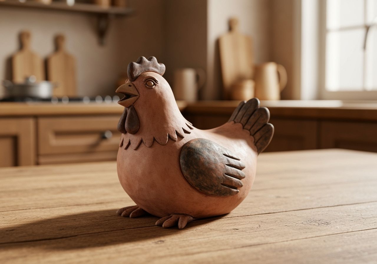 Handcrafted Clay Chicken on Rustic Wooden Table