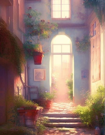 Sunlit Italian Alleyway with Blue Door as Impasto Painting