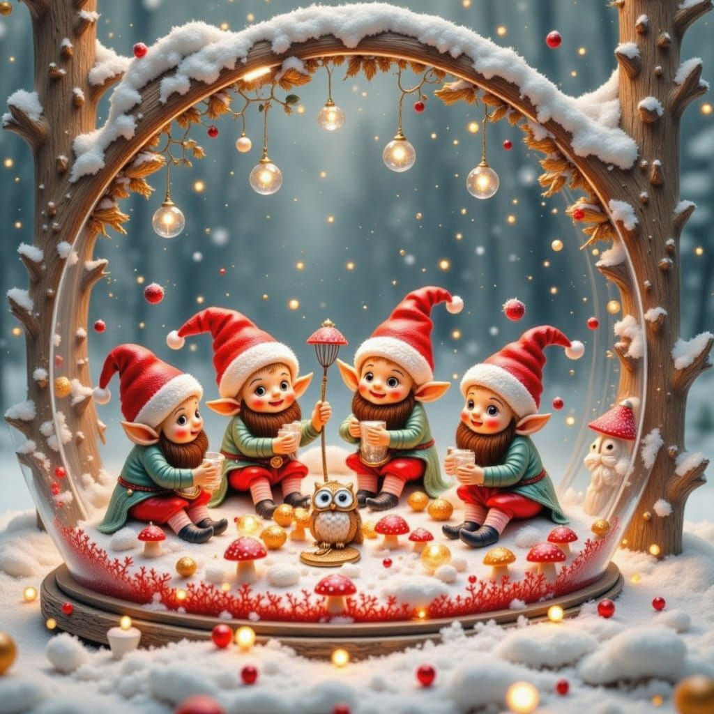 Festive Christmas Elves in Snow Globe