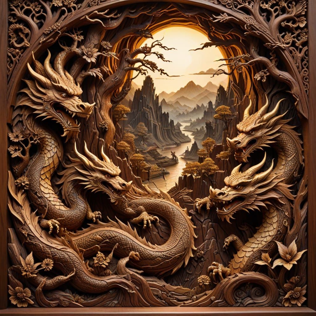 Majestic Dragons and Demons Wood Carving in Fantasy Style