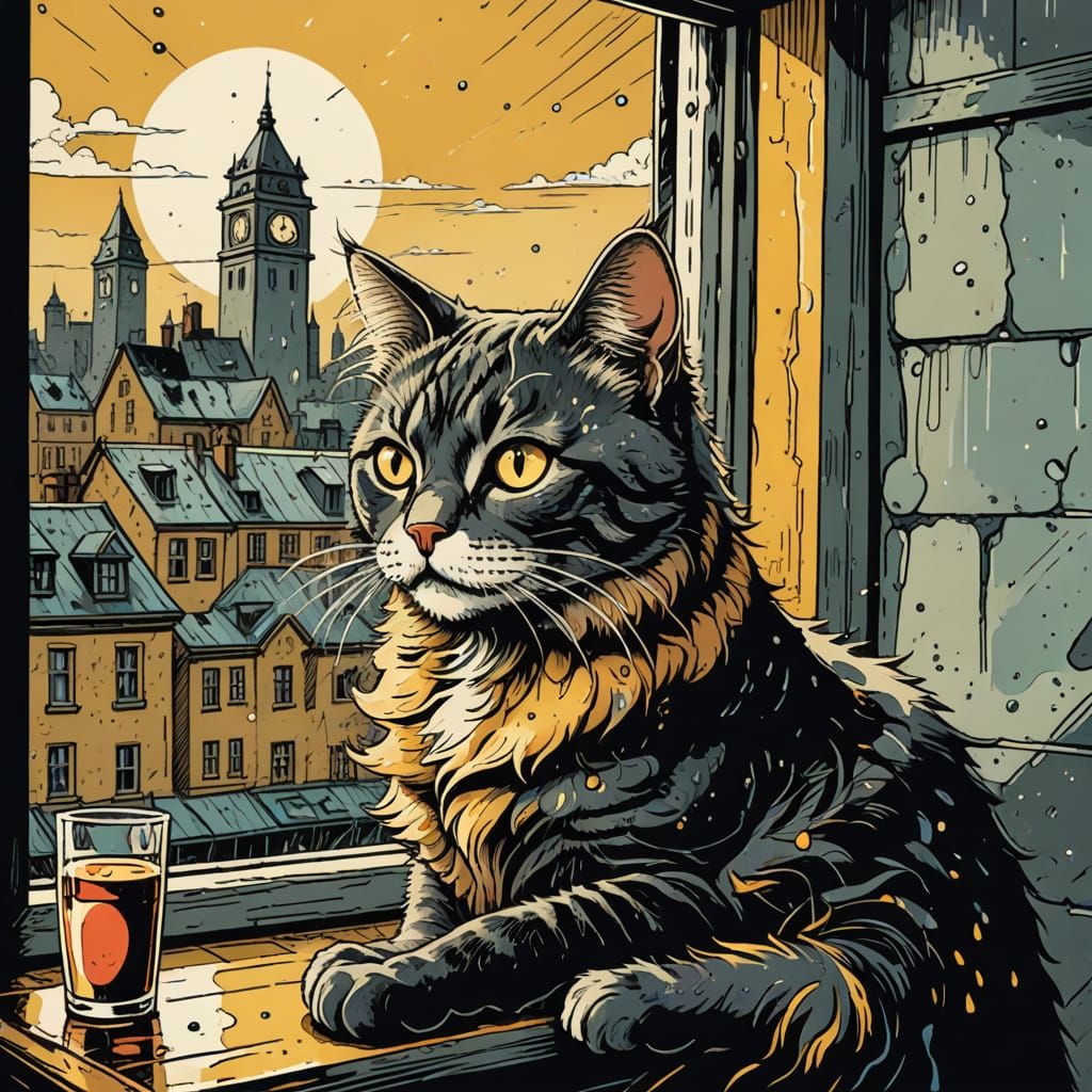 Ink Drawing of Heathcliff the Cat in a Rainy City Scene