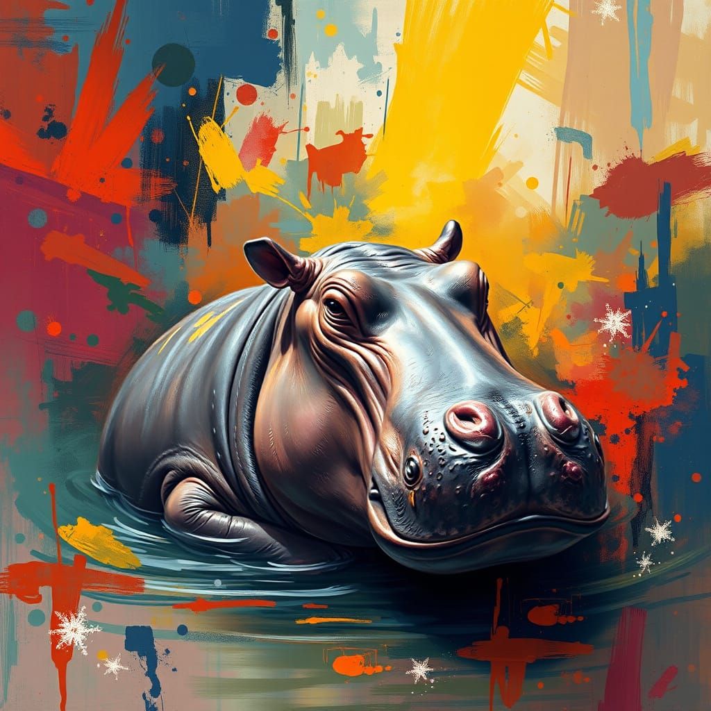 Hyperrealistic Hippo in Abstract Color Explosion