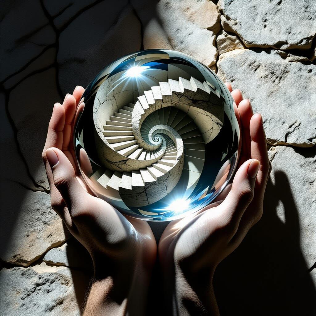 Surreal Hands Cradle Infinite Staircase in Reflecting Sphere