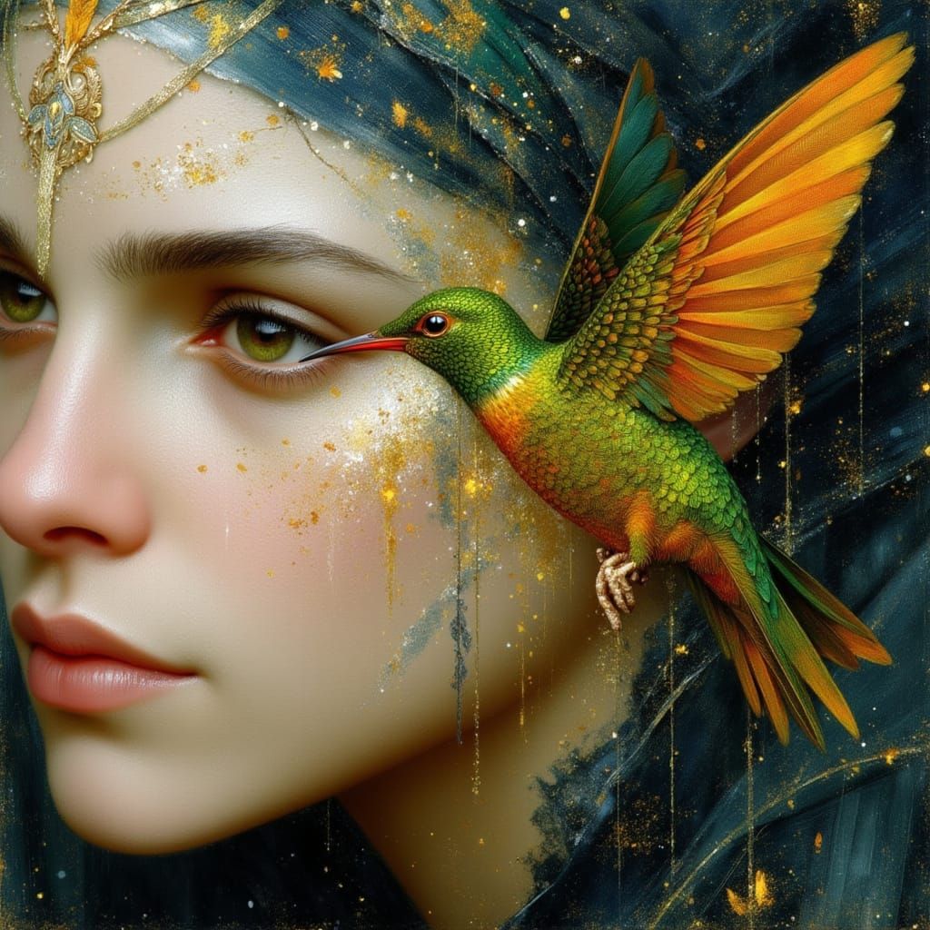 Mystical Creature: Feline and Hummingbird Portrait