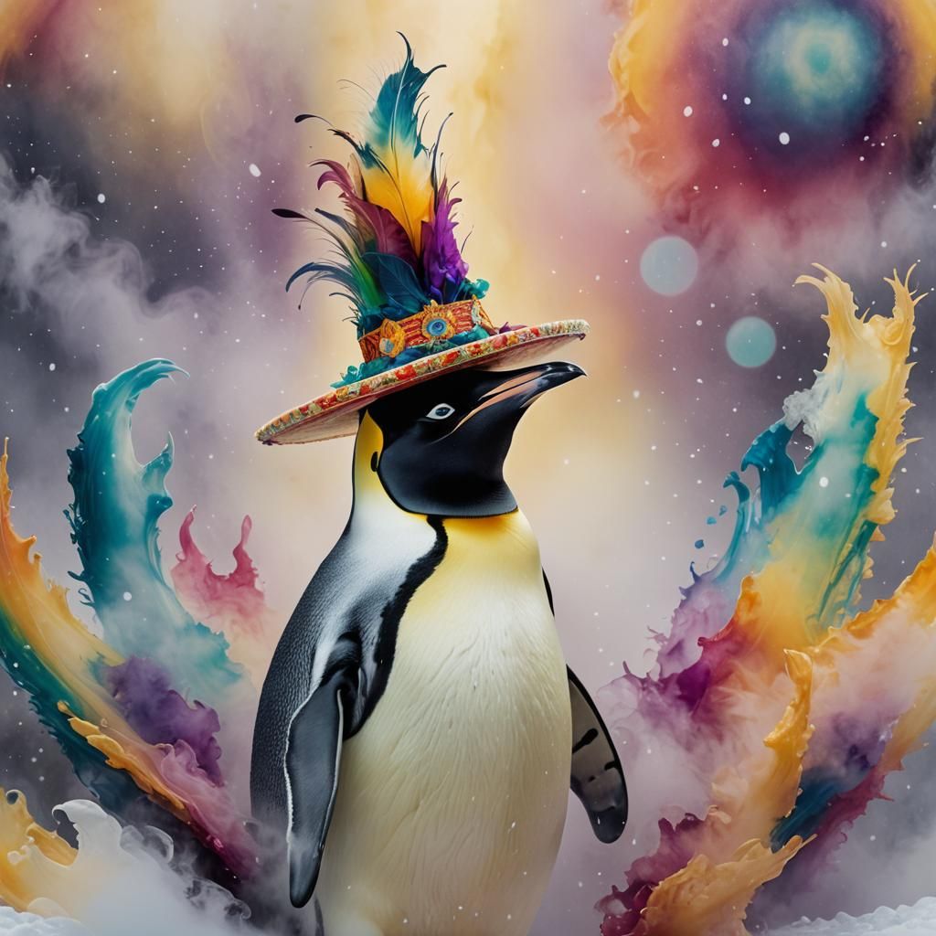 Penguin in Sombrero with Swirling Fog