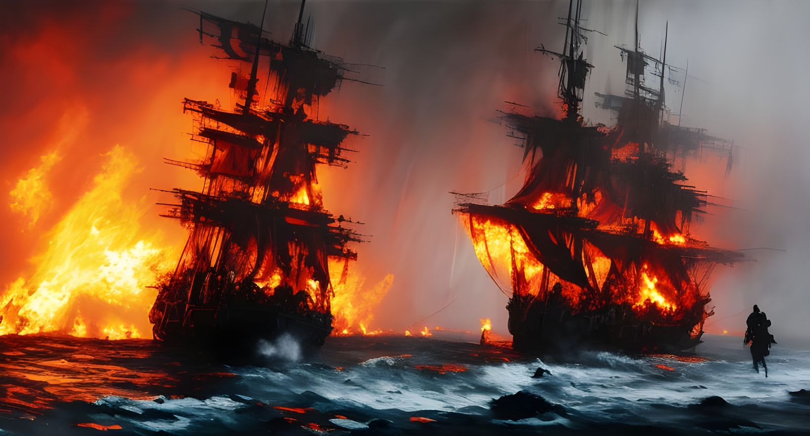 Burning Skeleton Pirate Ship in Horror Art Style