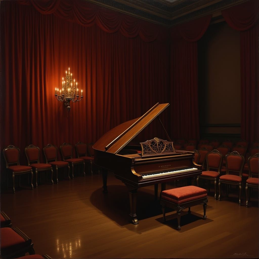 Antique Grand Piano in Mysterious Concert Hall