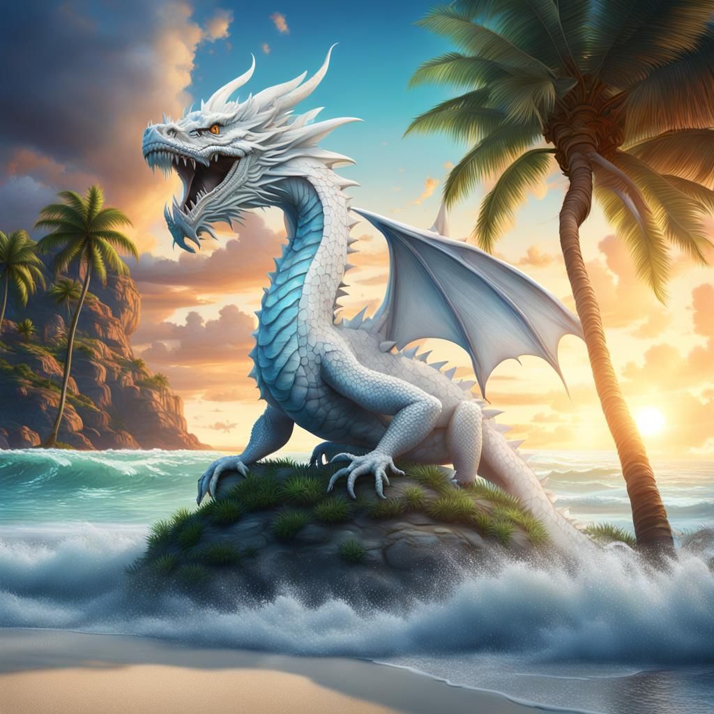 White Dragon on Tropical Beach with Mermaids