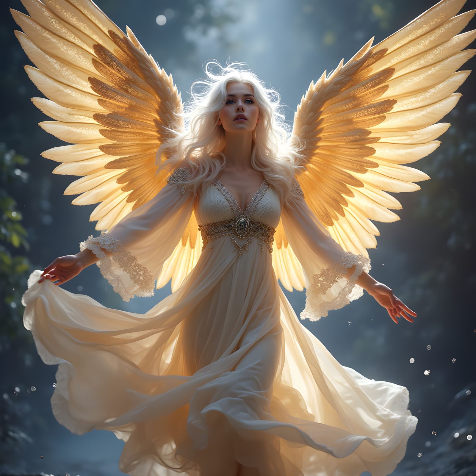 Ethereal Angel in Flight, Vibrant Amethyst Eyes