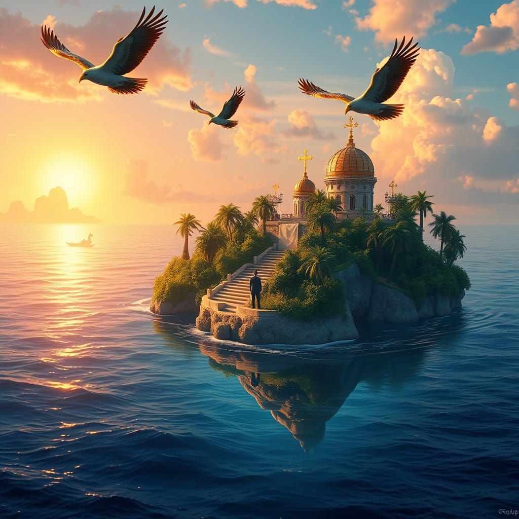 Man on Floating Island with Religious Symbols at Sunset