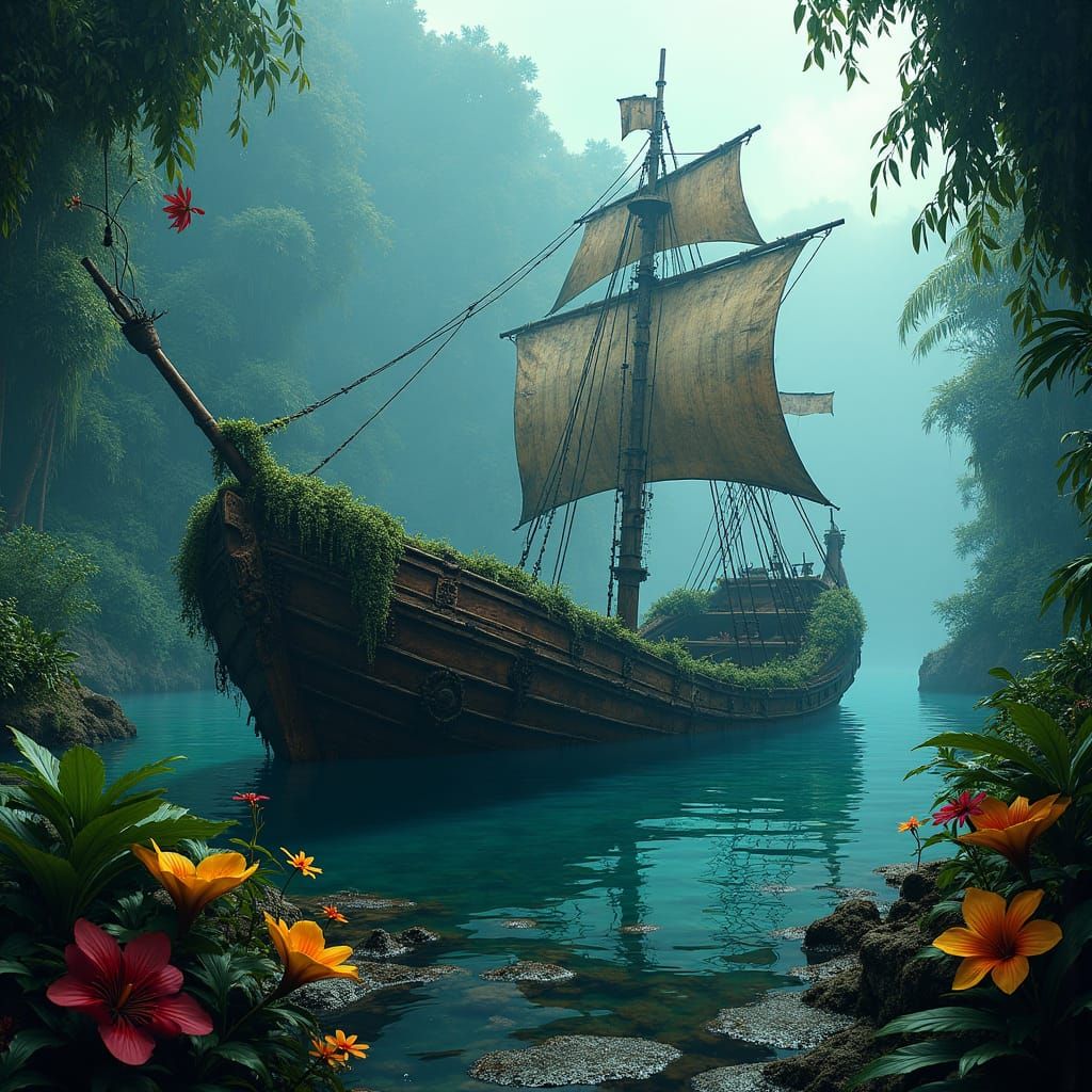 Amazonian Pirate Shipwreck in High-Fantasy Style