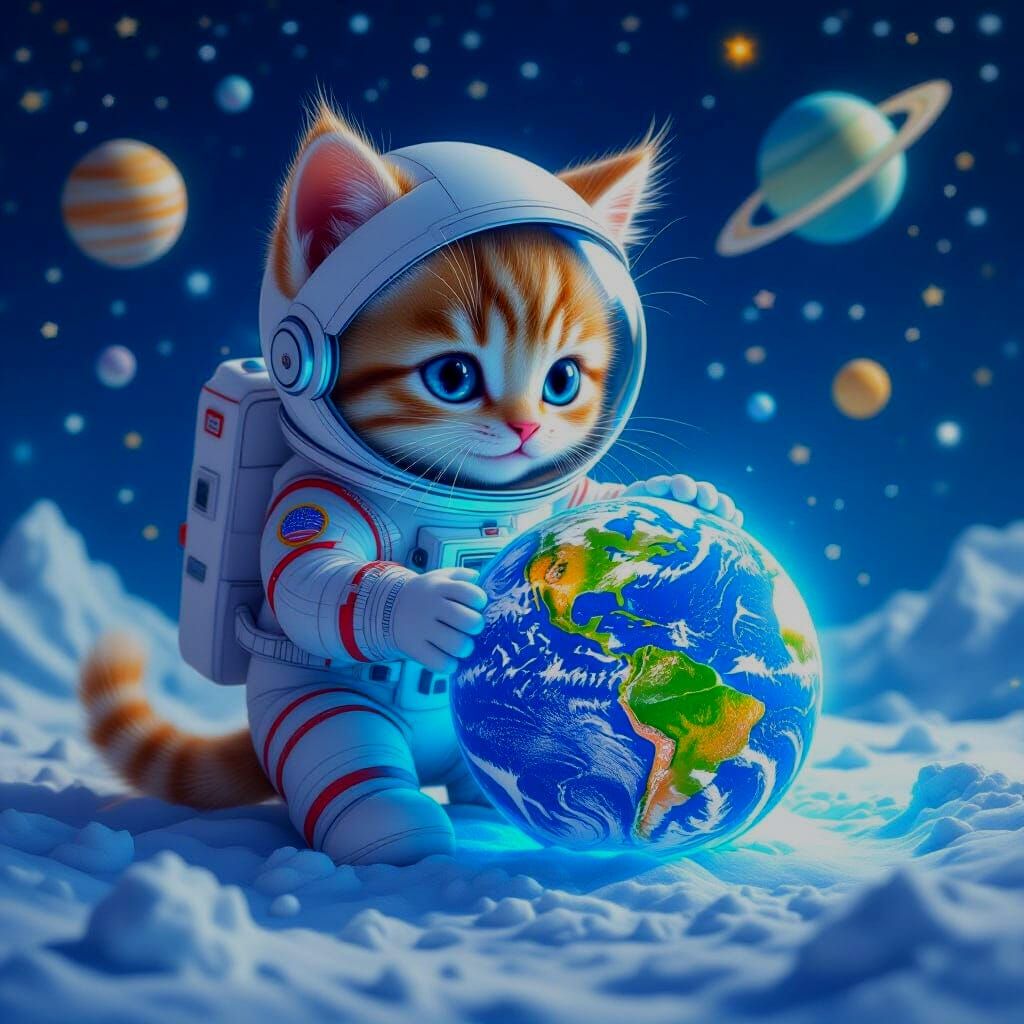 Giant Kitten Plays Ball with Earth in Space