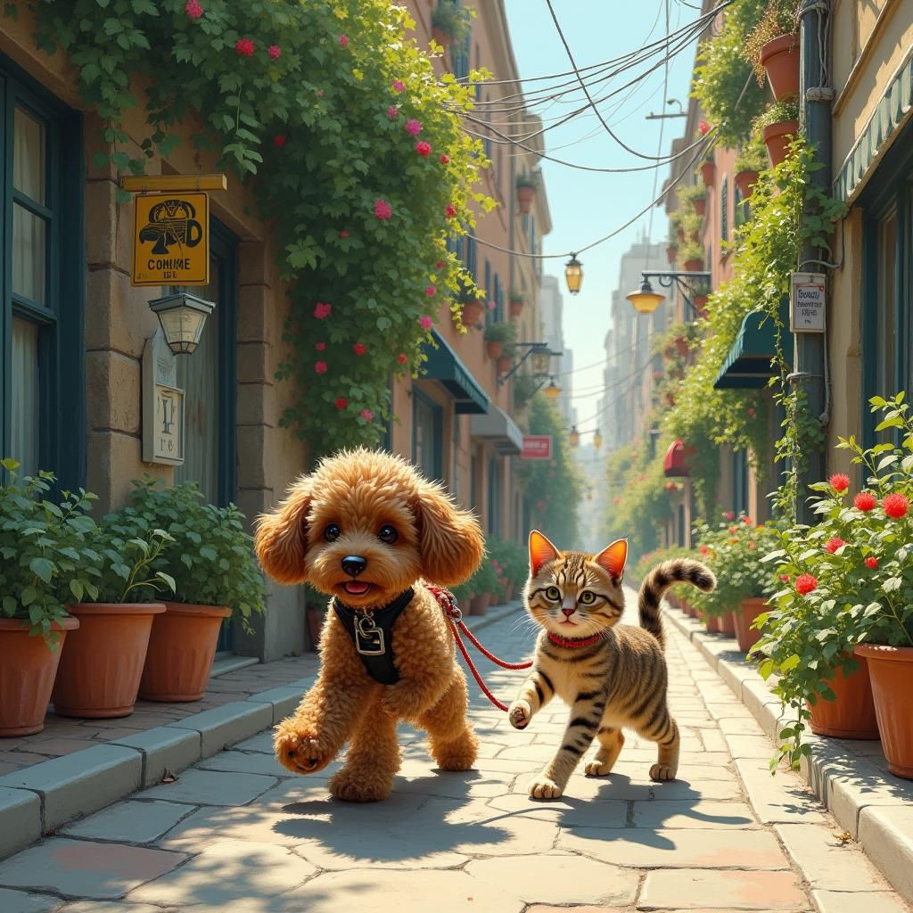 Poodle Guided by Cat in Impressionistic Street Scene