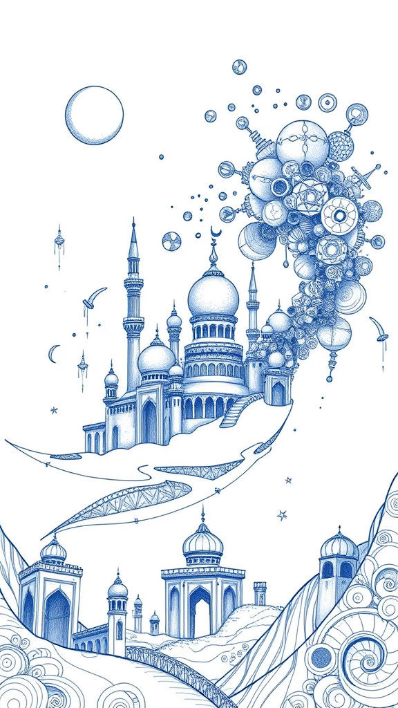 Futuristic Arabian City: Blue Ink Continuous Line Art