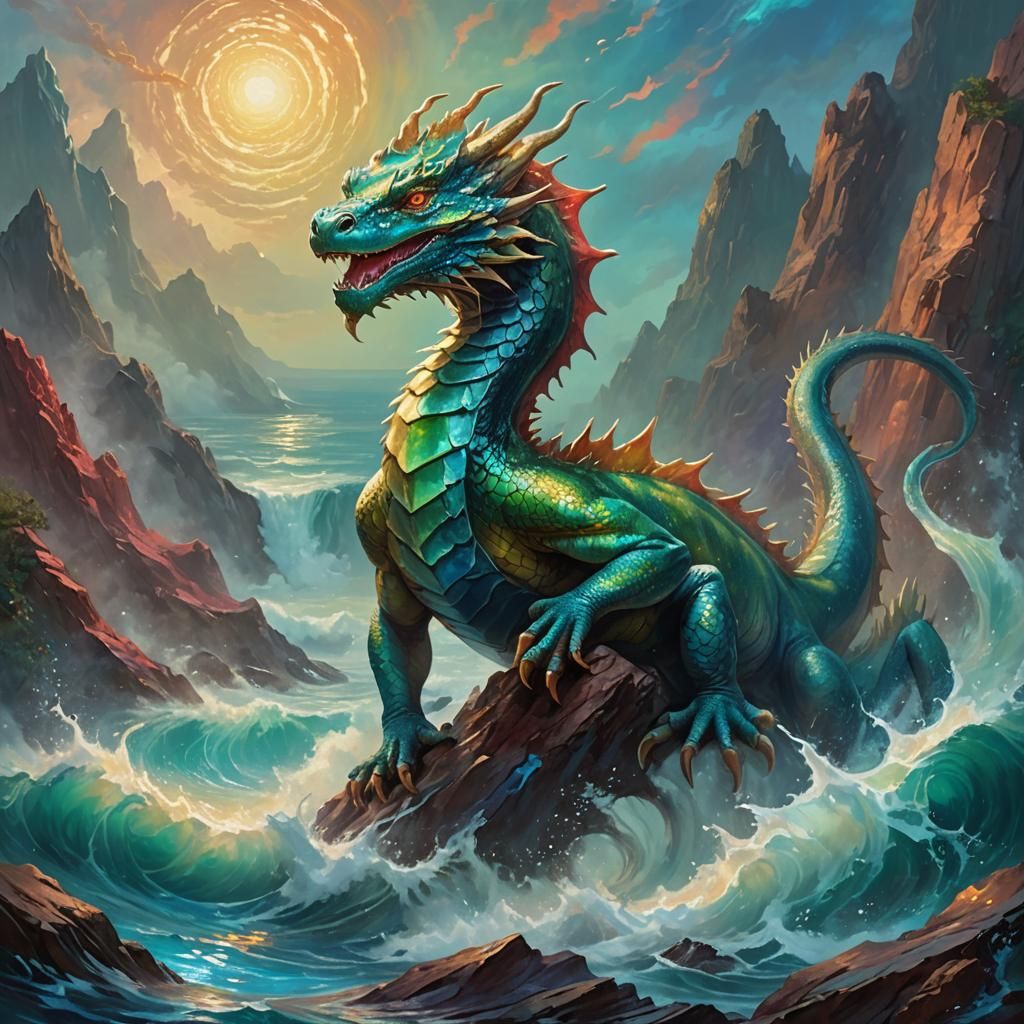 Oceanic Water Dragon in Vibrant Oil Painting Style