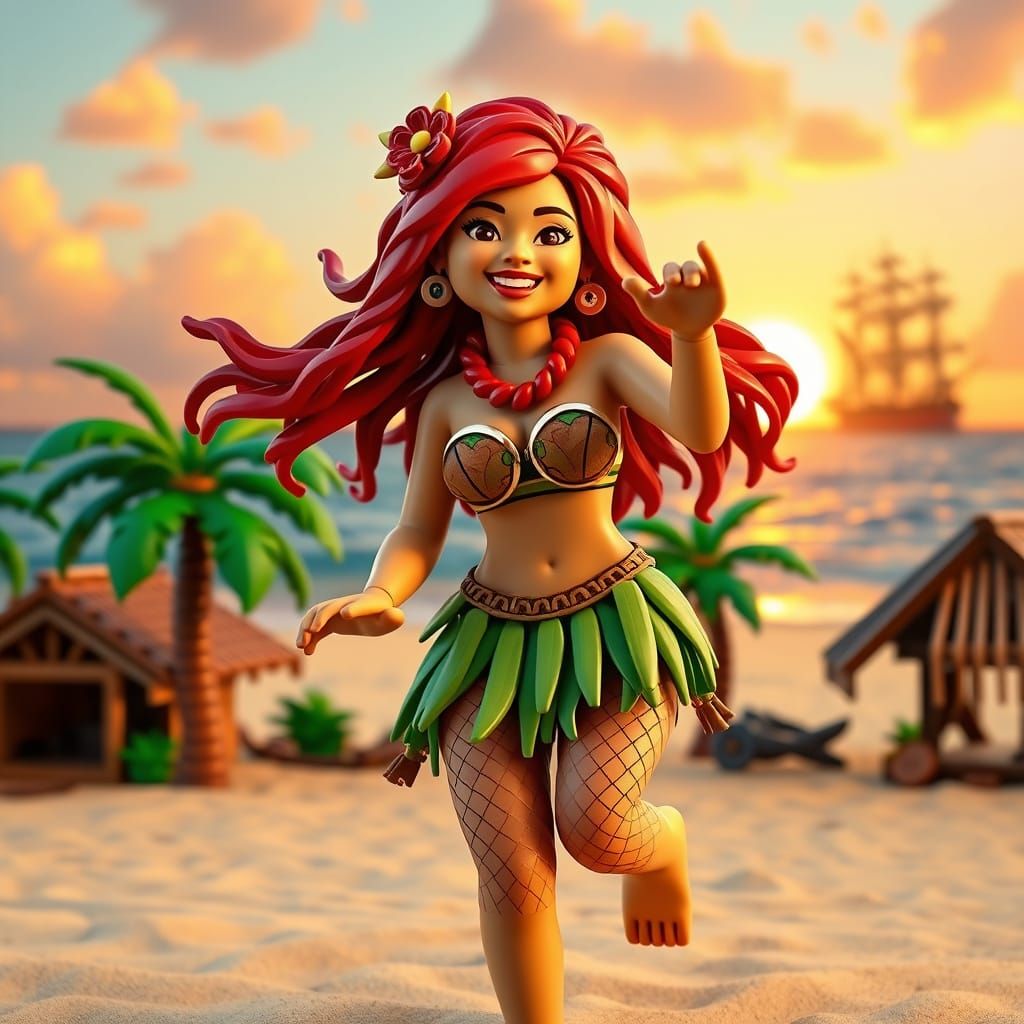 Lego Hula Dancer on Hawaiian Beach, 3D Anime Art