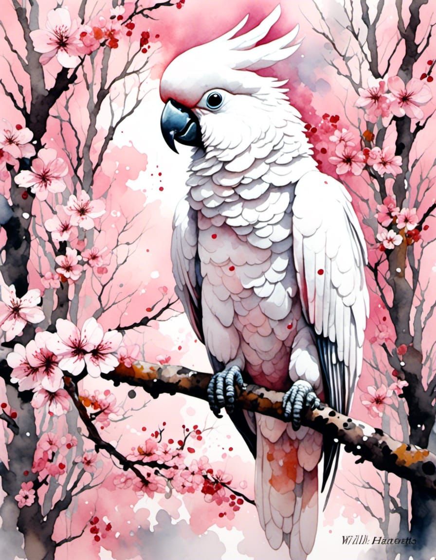 Cockatoo in Cherry Blossom Forest, Antique Watercolor