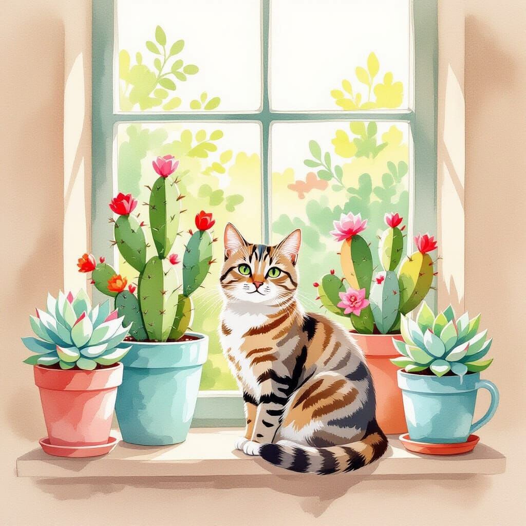 Watercolor Cat with Cacti and Succulents