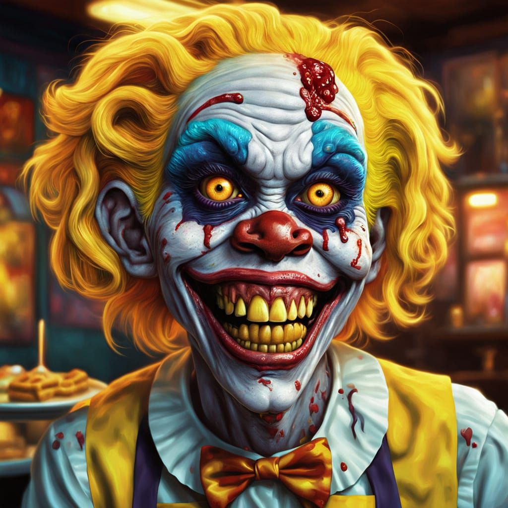 Zombie Monkey Clown Waitress in Oil Painting Style
