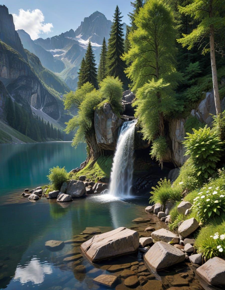 Serene Mountain Lake and Waterfall Vista