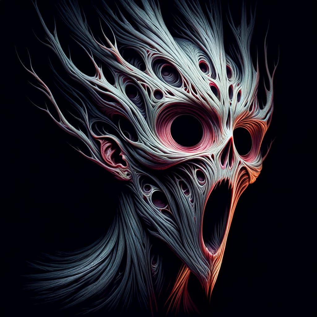 Distorted Humanoid Head Emerging from Darkness