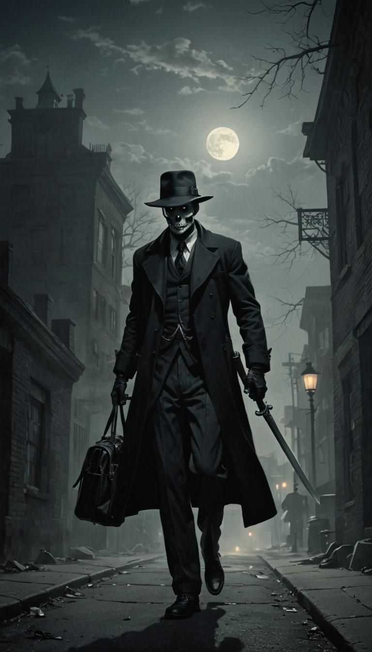 Sinister Gangster Reaper in Urban Moonlight