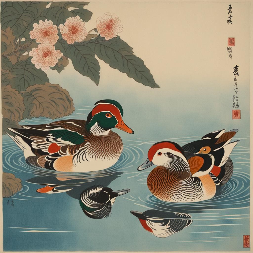 Mandarin Ducks in Ukiyo-e Woodblock Print Style