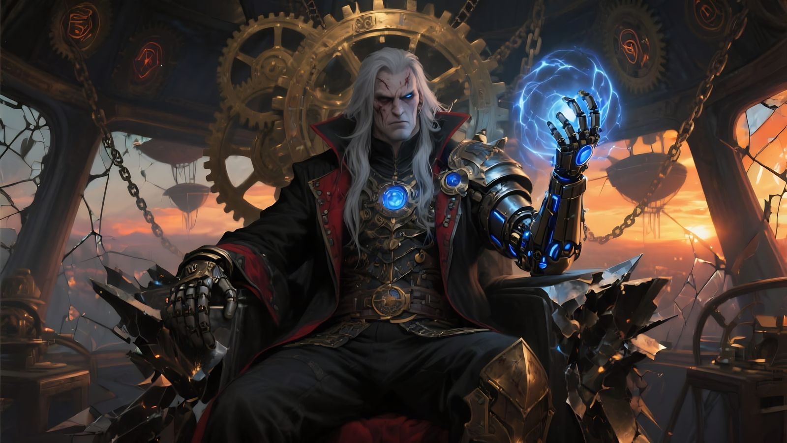 Steampunk Captain on Throne with Magic Aether Orb