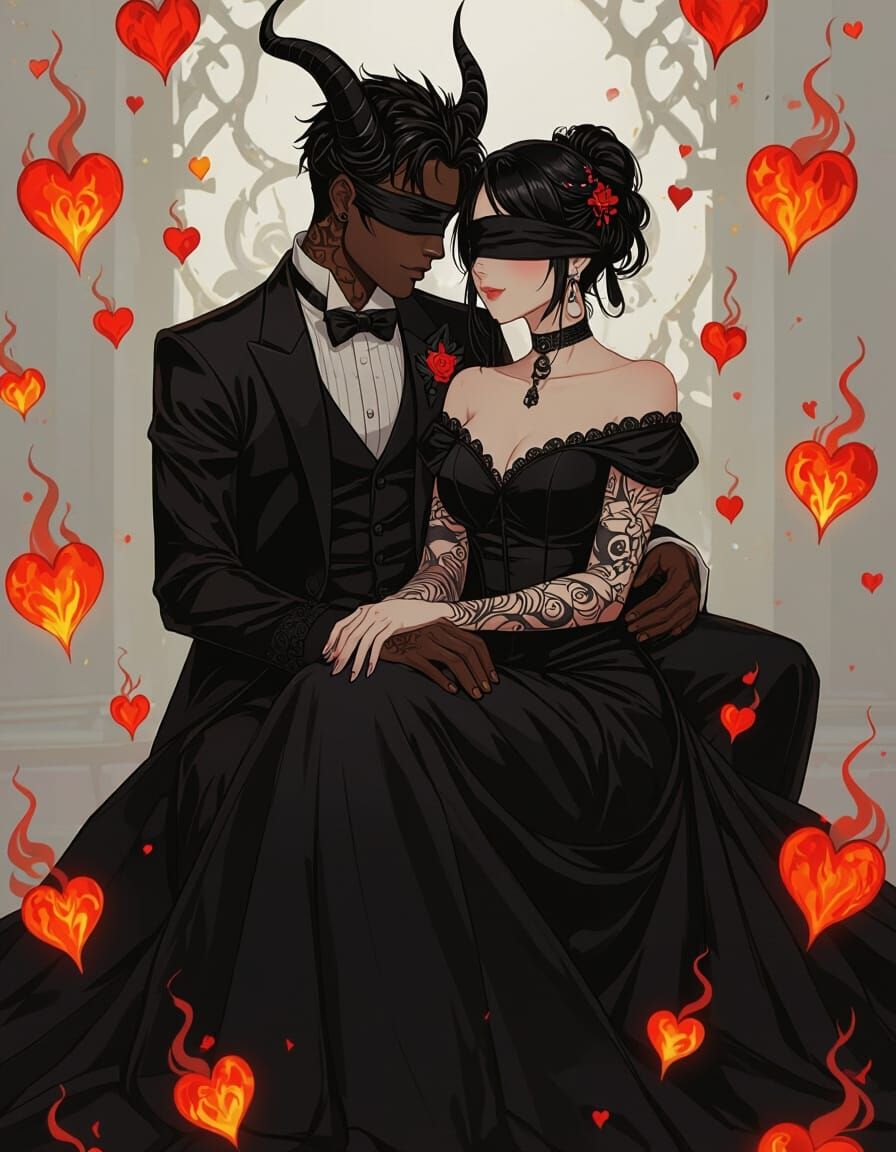 Anime Couple Surrounded by Flaming Hearts in Victorian Style