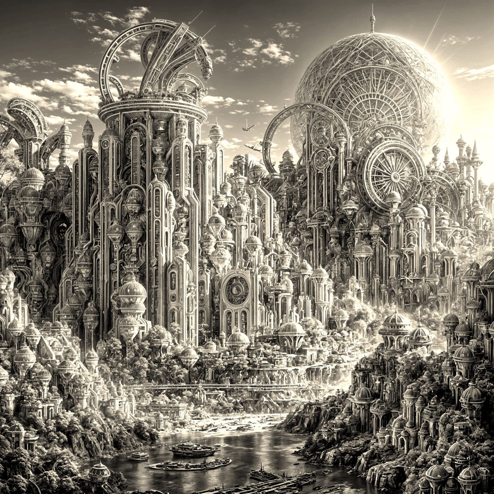 Surreal Solarpunk Utopia in Vibrant Triadic Colors