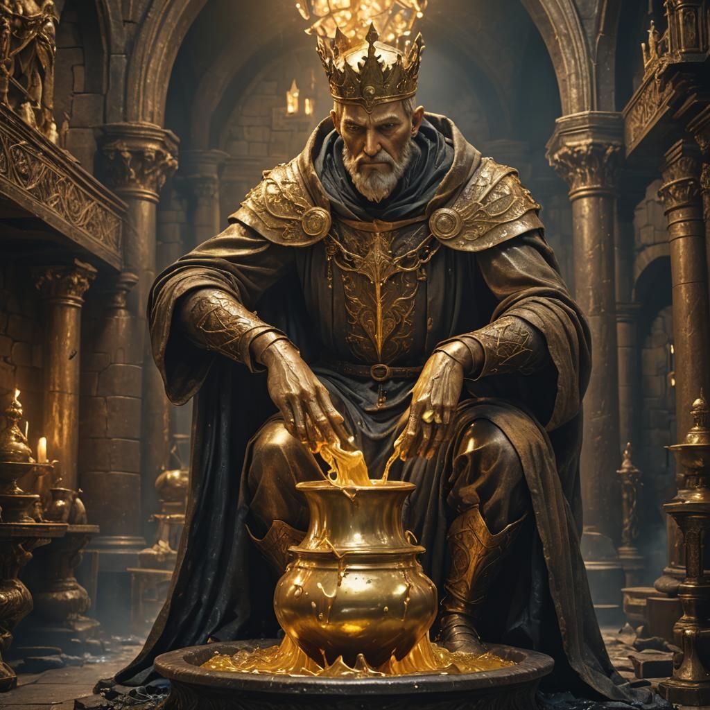 Golden King Arthur Watches as Alchemist Merlin's Statue Melt...