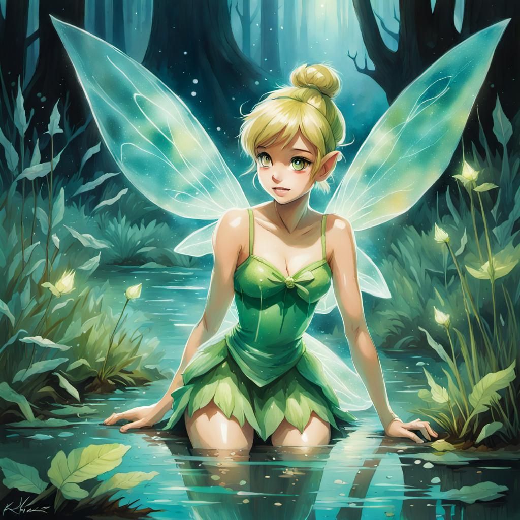 Tinkerbell in Bioluminescent Marsh, Watercolor Manga Style