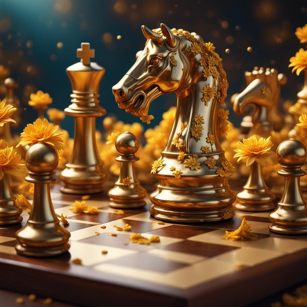 Golden Flower Chessboard in Hyperrealistic Splash Art