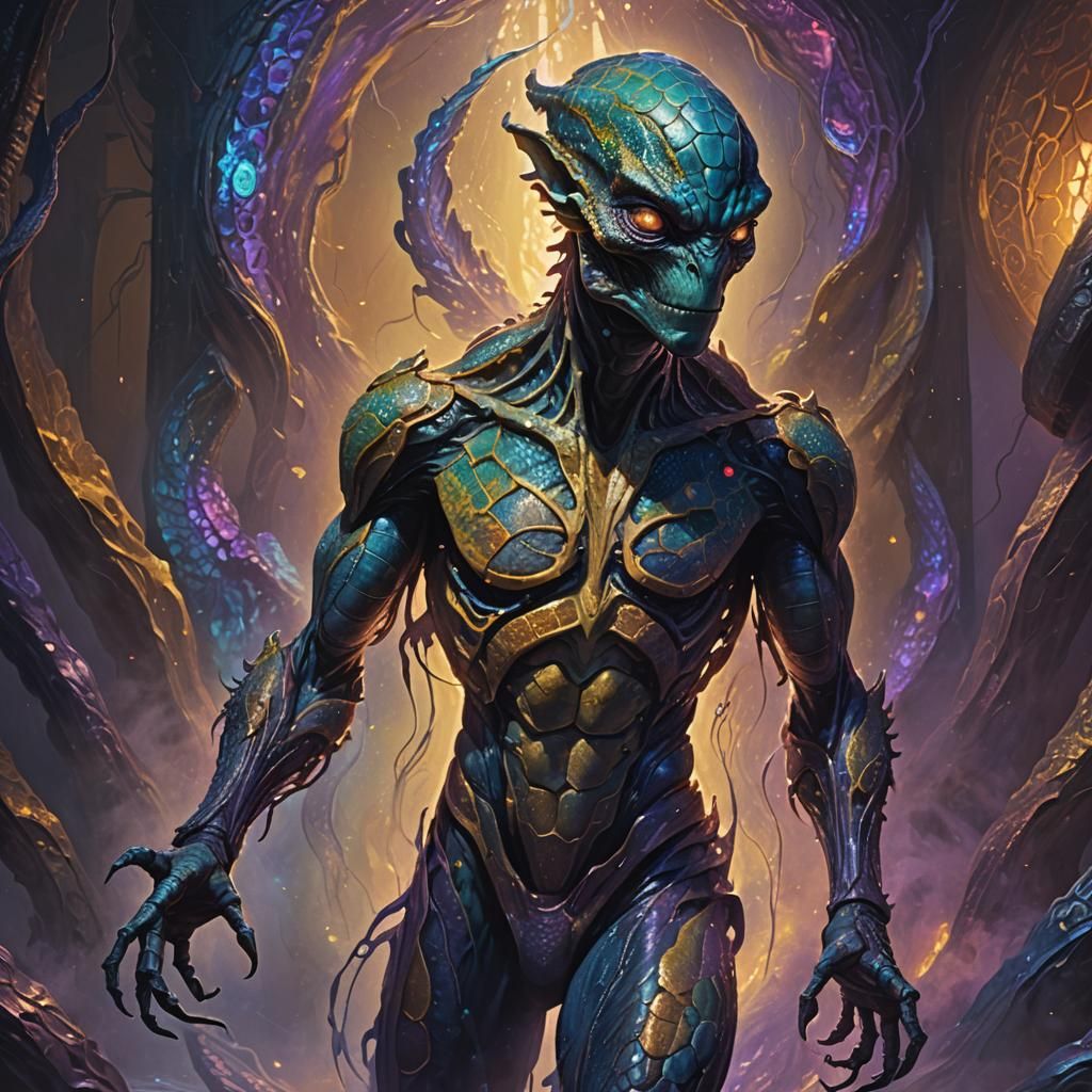Reptilian Alien Humanoid in Dimly Lit Chamber