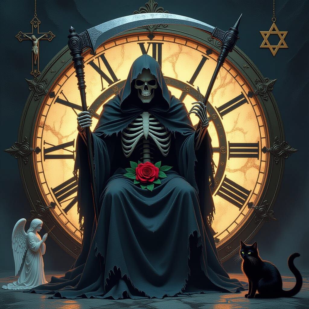 Grim Reaper on Clock Face in Dark Fantasy Style