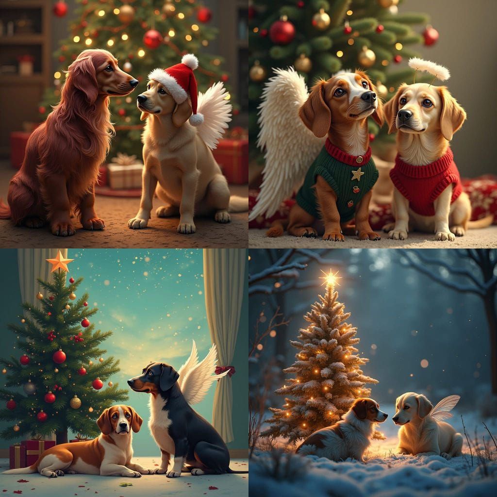 Dogs with Angelic Guardians in a Christmas Wonderland