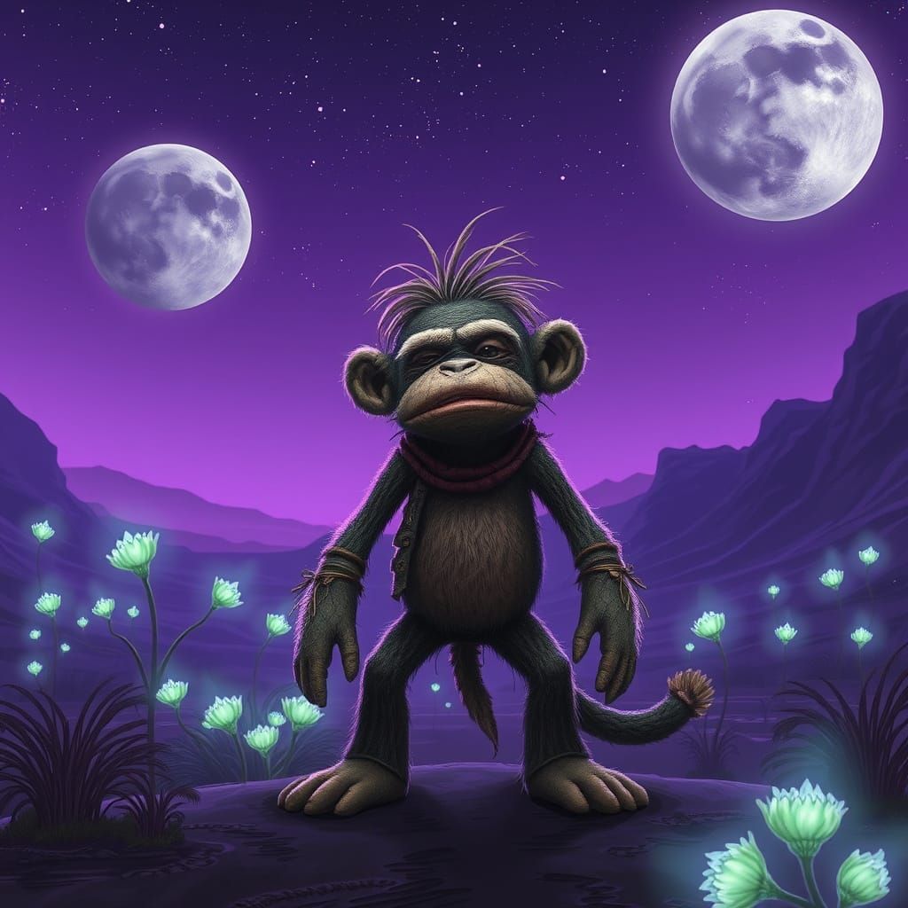 Defiant Sock Monkey on Alien World in Fantasy Art Style