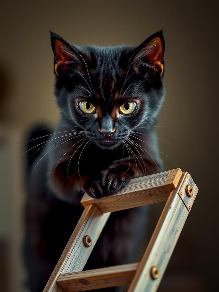 Mischievous Black Cat Pushes Over Ladder
