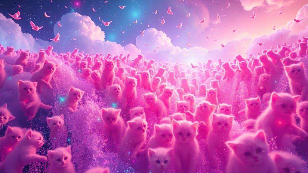 Ethereal Kitten Waterfalls in Hyperrealistic Cosmic Universe