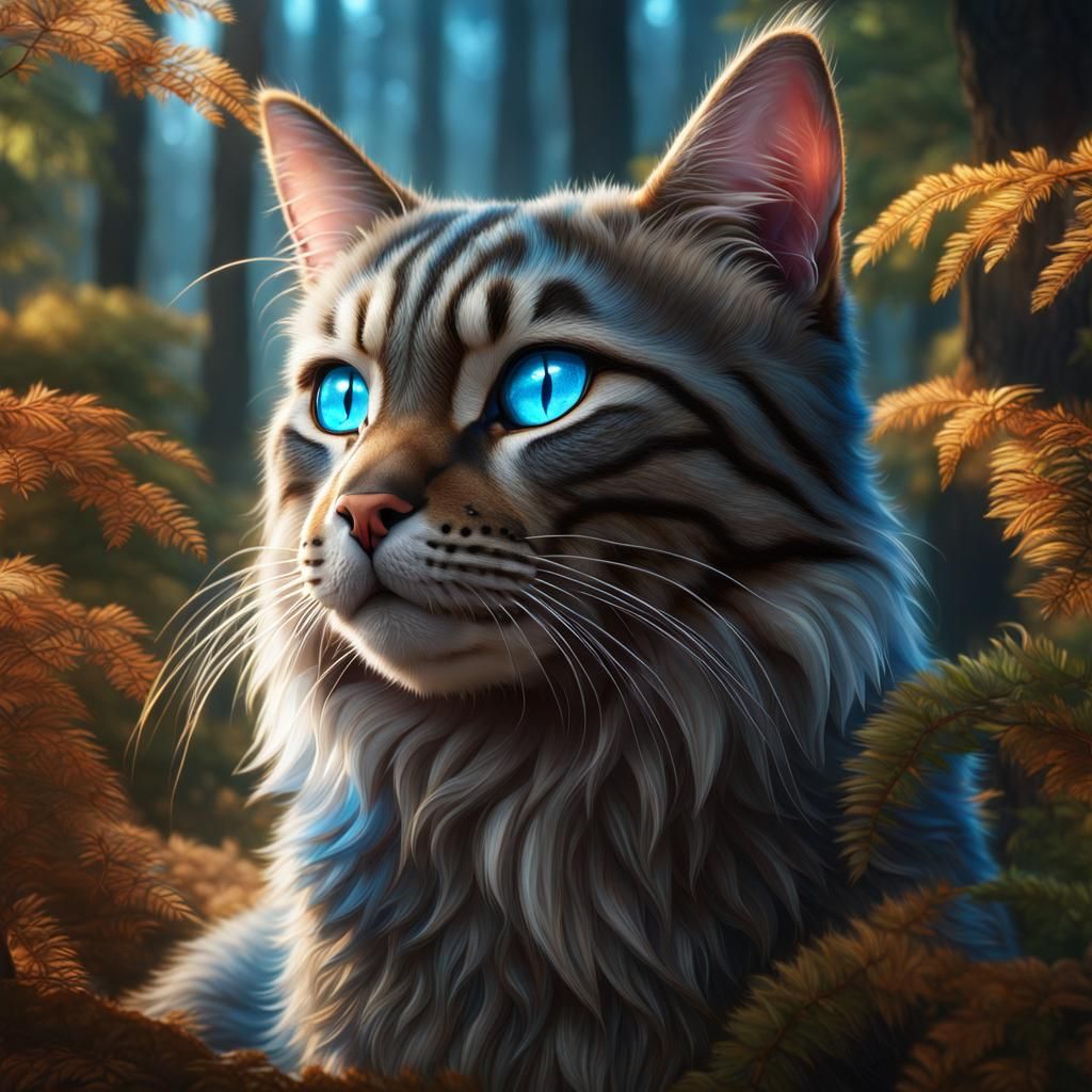 Blue-Eyed Tabby Cat in Forest, Detailed Matte Painting