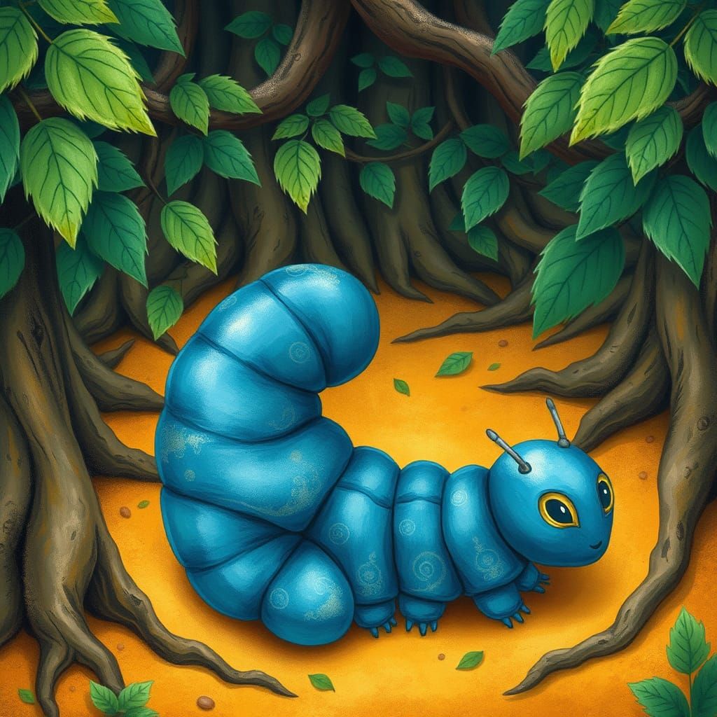 Iridescent Caterpillar in Whimsical Forest Illustration