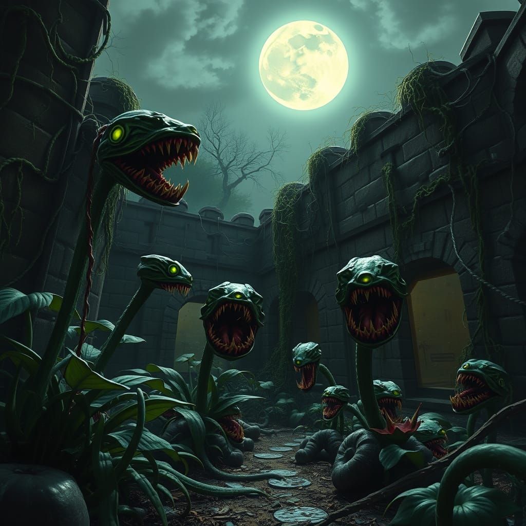 Menacing Carnivorous Plants in Overgrown Eerie Garden