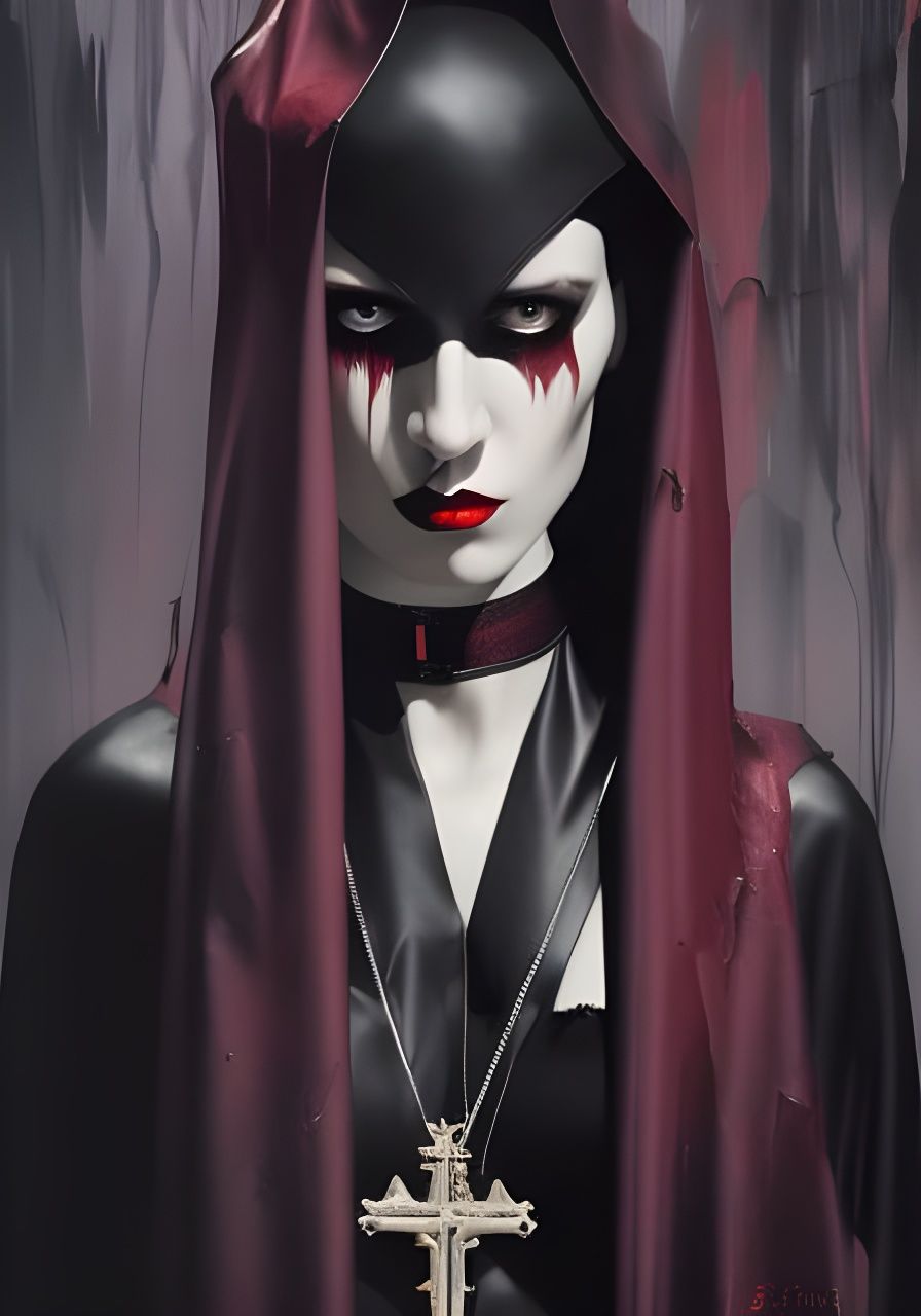 Sinister Gothic Male Nun Portrait on Obsidian