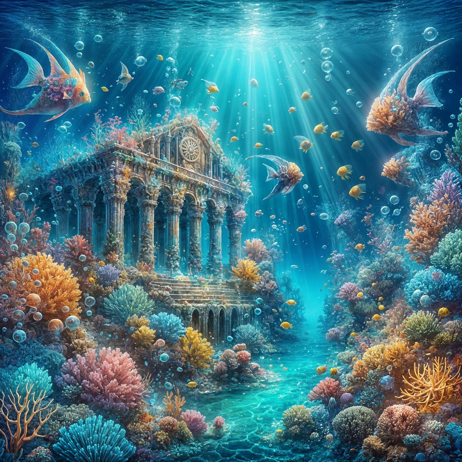 Fantastical Luminous Coral Reef with Sunken City Ruins