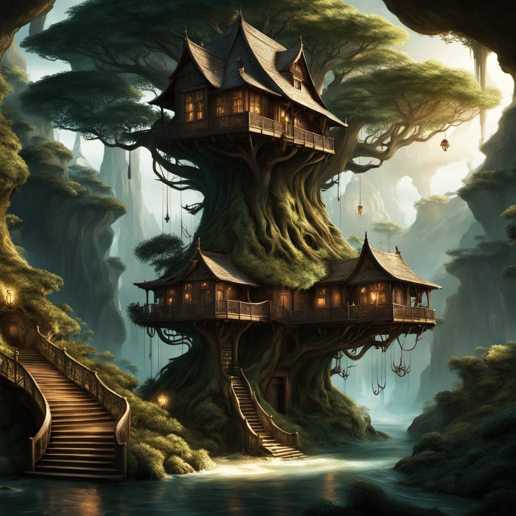 Ancient Tree Spell Library with Glowing Roots and Floating B...