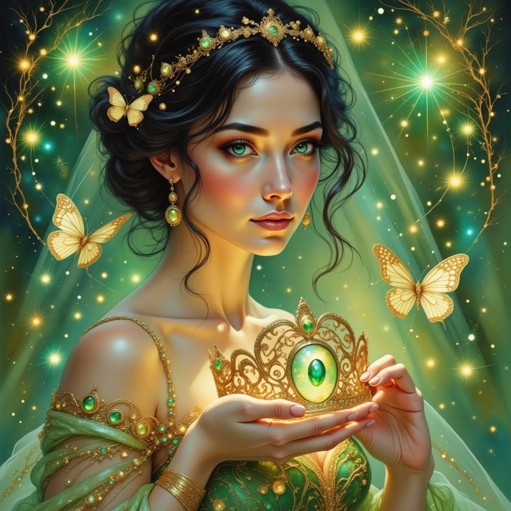 Ethereal Princess in Resplendent Gold Gown with Green Glowin...
