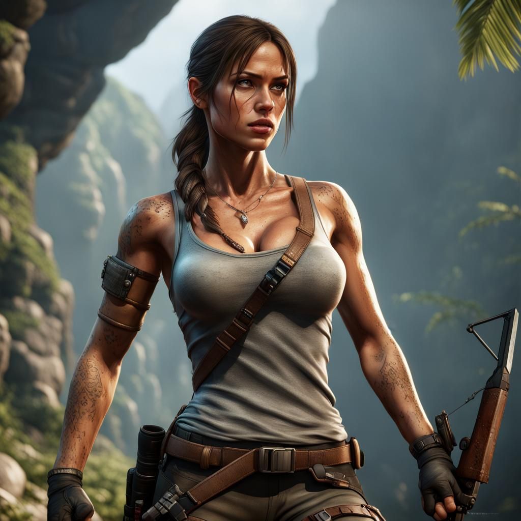 Hyperrealistic Tomb Raider Pinup in Detailed Matte Painting