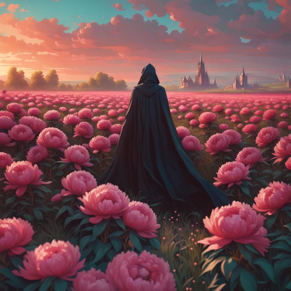 Cloaked Figure with Ruby Eyes in Peony Field