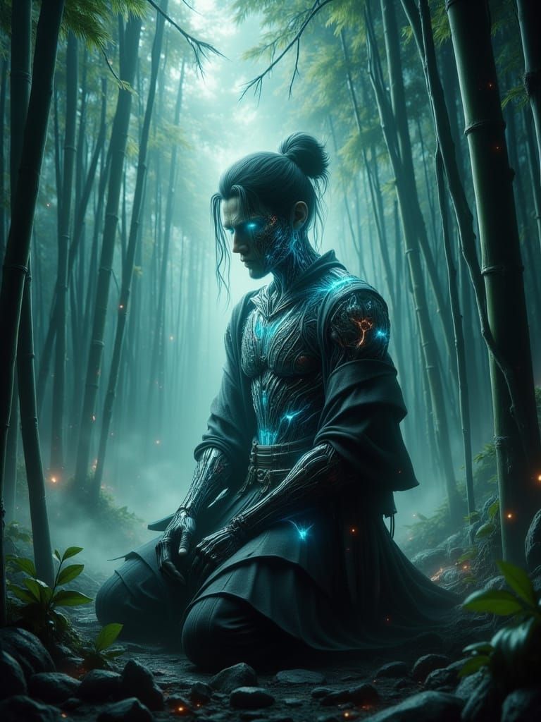 Cybernetic Samurai Contemplating in Misty Bamboo Forest