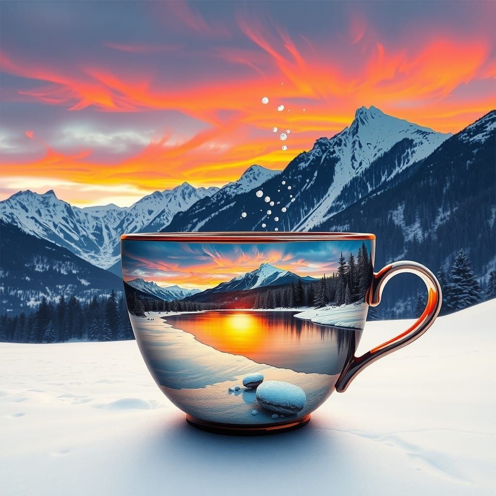 Snowy Mountains in Teacup: Graffiti Art Sunset